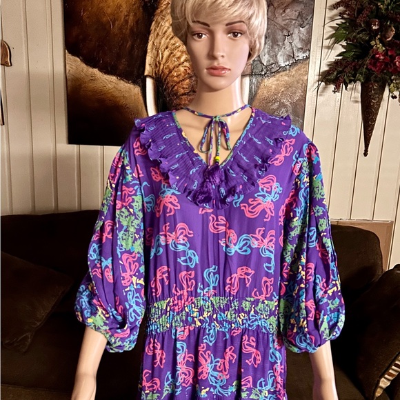 Diane Freis • Vintage • Large • Purple/Pink W/ Ribbon Design~Ruffles/Tie • Dress - Picture 9 of 15